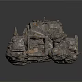 Natural Cave Interior With Rocky Walls Stone Table Dry Grass And Scattered Stones