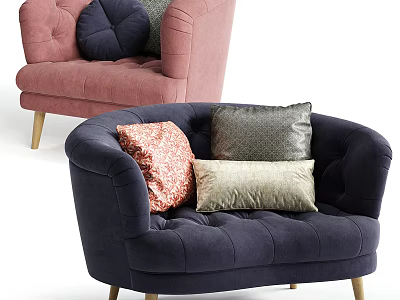 Blush Pink and Navy Blue Velvet Armchairs with Patterned Pillows and Wooden Legs 3d model