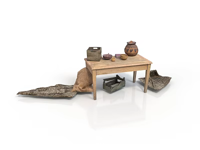 Rustic Wooden Table Display With Clay Pot Woven Baskets And Cloth 3d model