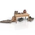 Rustic Wooden Table Display With Clay Pot Woven Baskets And Cloth