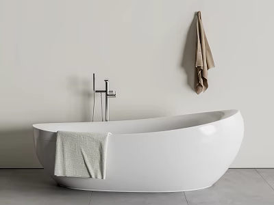 White Freestanding Bathtub With Faucet Towel And Hanging Towel In Modern Bathroom 3d model