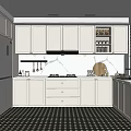Modern Kitchen Interior With White Cabinets Marble Countertops Hanging Utensils And Window Blinds
