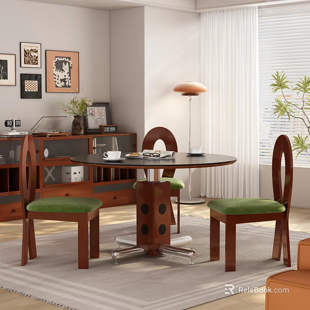 Modern Restaurant Interior With Round Dining Table Green Cushioned Chairs Decorative Paintings And Floor Lamp 3d model 