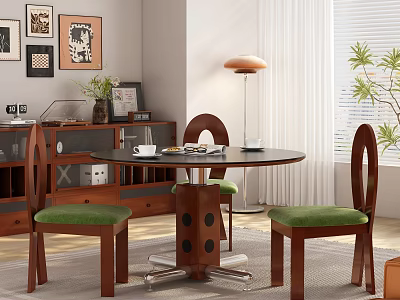Modern Restaurant Interior With Round Dining Table Green Cushioned Chairs Decorative Paintings And Floor Lamp 3d model