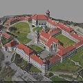 Modern Aerial View Of Red Roof Building Complex With Domes And Green Lawns