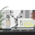 Modern Feature Wall With Black White Ink Pattern Yellow Squares And Green Plants 3d model