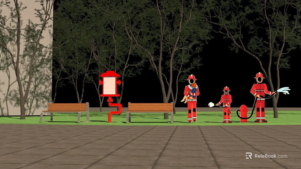Firefighter Themed Outdoor Photo Check In Spot With Figures Red Hydrant Benches And Trees 3d model 