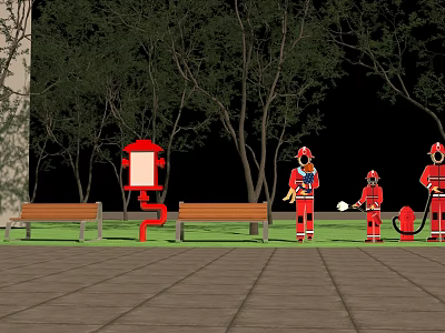 Firefighter Themed Outdoor Photo Check In Spot With Figures Red Hydrant Benches And Trees 3d model