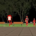 Firefighter Themed Outdoor Photo Check In Spot With Figures Red Hydrant Benches And Trees
