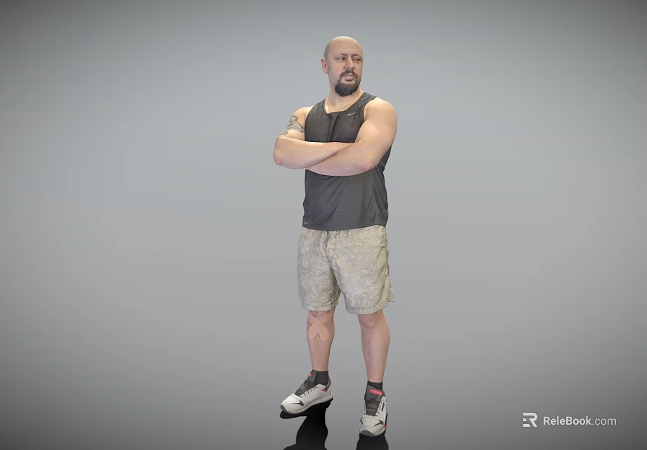 Bald Bearded Man With Arms Crossed Wearing Gray Sleeveless Tank Top And Camouflage Shorts Standing 3d model 