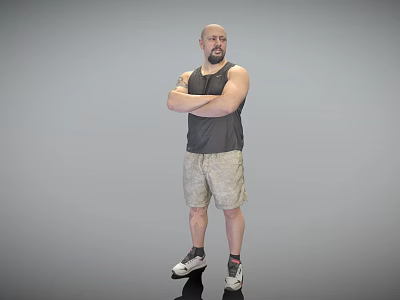 Bald Bearded Man With Arms Crossed Wearing Gray Sleeveless Tank Top And Camouflage Shorts Standing 3d model