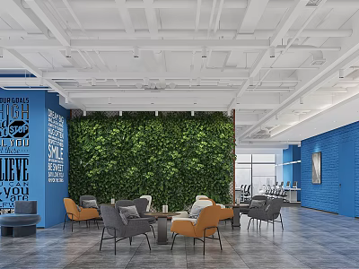 Modern Lounge Area With Green Living Wall Blue Wall White Typography Sofas And Coffee Tables 3d model