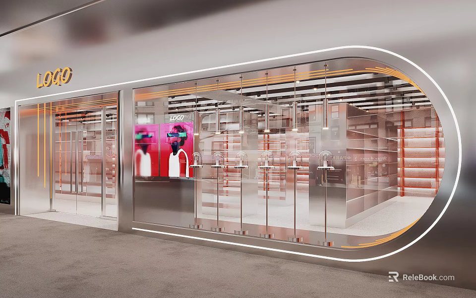 Modern Retail Boutique Store With Glass Facade Metal Frame LED Lighting And Display Shelves 3d model 