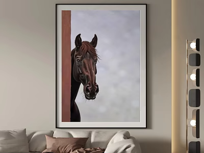 Horse Head Painting Framed in Living Room Peeking Through Wooden Frame with Soft Background 3d model