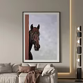 Horse Head Painting Framed in Living Room Peeking Through Wooden Frame with Soft Background
