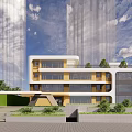 Modern High Rise Building Exterior Design With Steps And People