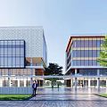 Modern Office Building Exterior With Glass Curtain Walls Trees And Street Vehicles
