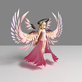 Game Movie Character With Pink White Wings Blonde Hair Halo Wearing Pink Long Dress