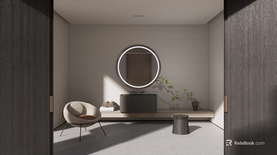 Modern Bathroom Interior Design With Round Mirror Vanity Accent Chair And Plant 3d model 