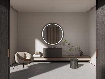 Modern Bathroom Interior Design With Round Mirror Vanity Accent Chair And Plant 3d model