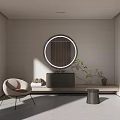 Modern Bathroom Interior Design With Round Mirror Vanity Accent Chair And Plant