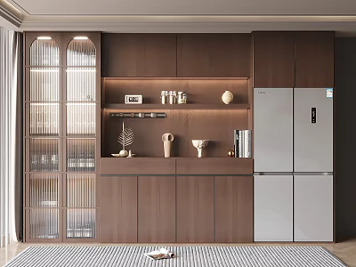 Modern Wine Cabinet With Brown Wood Glass Doors In Kitchen With Cabinets And Silver Refrigerator 3d model