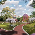 Scenic Park Landscape With People Playing Walking And Resting Among Autumn Trees And Red Pathway
