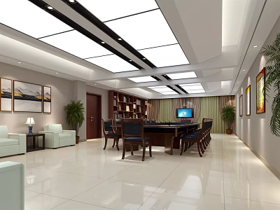 Modern Conference Room Interior Design With Conference Table Chairs Sofas Plants And Artworks 3d model