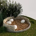 Round Outdoor Landscape Seats With White Spotted Spheres Gravel And Green Plants