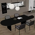 Modern Open Kitchen Interior With Island Counter Dining Table Chairs And Pendant Lights 3d model