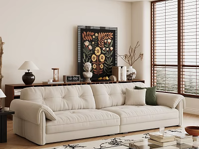 Modern Living Room Interior Design With Beige Sofa Decorative Painting Wooden Blinds And Ornaments 3d model