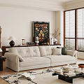 Modern Living Room Interior Design With Beige Sofa Decorative Painting Wooden Blinds And Ornaments