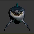 3D Cartoon Style Blue Shark With Glowing Features Open Mouth Sharp Teeth Dark Background Reflection