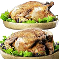 Stylish Natural Wooden Bowl Serving Roasted Chicken with Fresh Green and Purple Lettuce Leaves