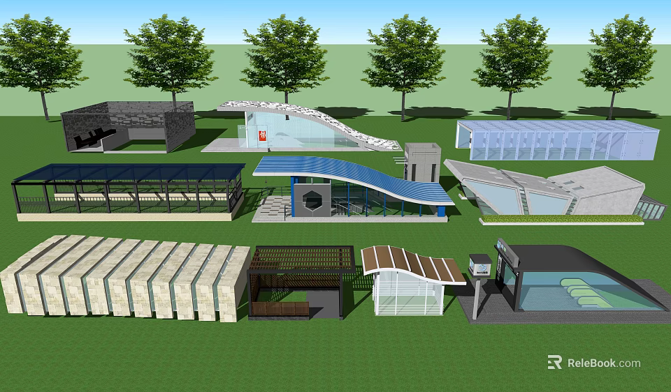 Modern Architectural Structures In Landscape Design With Green Lawn And Trees 3d model