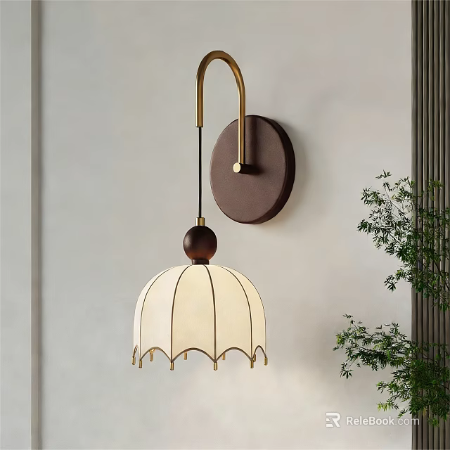 Modern Wall Lamp Design With Brass Curved Arm Wooden Accent And White Fabric Shade 3d model 