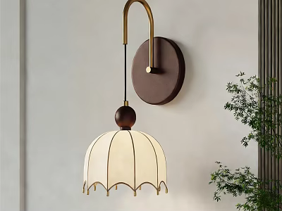 Modern Wall Lamp Design With Brass Curved Arm Wooden Accent And White Fabric Shade 3d model