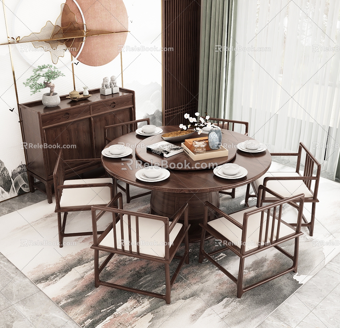 New Chinese Dining Table and Chair Sideboard Combination 3d model