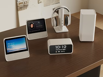 Other Smart Electronic Devices On Wooden Table With Screen Headphones Speaker And Clock 3d model