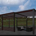 Outdoor Pergola With Wooden Structure Glass Roof Green Plants Sofa Seats And Leisure Area