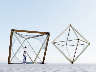 Large Scale Geometric Landscape Sculptures With Metal Frame Mesh Structure In Outdoor Open Space 3d model