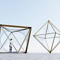 Large Scale Geometric Landscape Sculptures With Metal Frame Mesh Structure In Outdoor Open Space