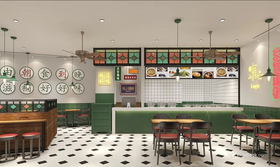 Vibrant Restaurant Interior With Green Counter Black White Tiled Floor And Wall Posters 3d model 