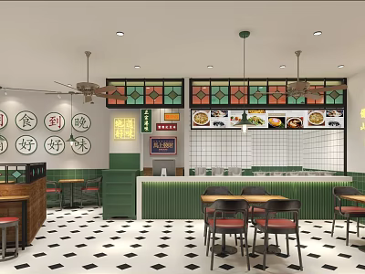 Vibrant Restaurant Interior With Green Counter Black White Tiled Floor And Wall Posters 3d model