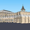 Grand Classical Building Exterior With Spire Tower Colonnade Large Windows And Symmetrical Design