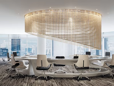 Modern Conference Room Interior Design With Round Meeting Table Chairs Pendant Light And City View 3d model