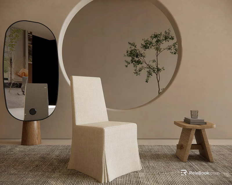 Beige Upholstered Modern Dining Chair In Minimalist Interior With Round Decor Oval Mirror Wooden Table 3d model 