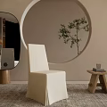 Beige Upholstered Modern Dining Chair In Minimalist Interior With Round Decor Oval Mirror Wooden Table