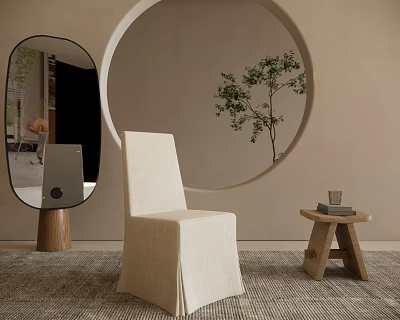 Beige Upholstered Modern Dining Chair In Minimalist Interior With Round Decor Oval Mirror Wooden Table 3d model