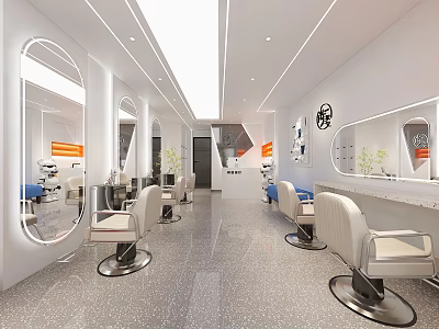 Modern Beauty Hair Salon Interior with White Styling Chairs Large Mirrors and Sleek Lighting 3d model